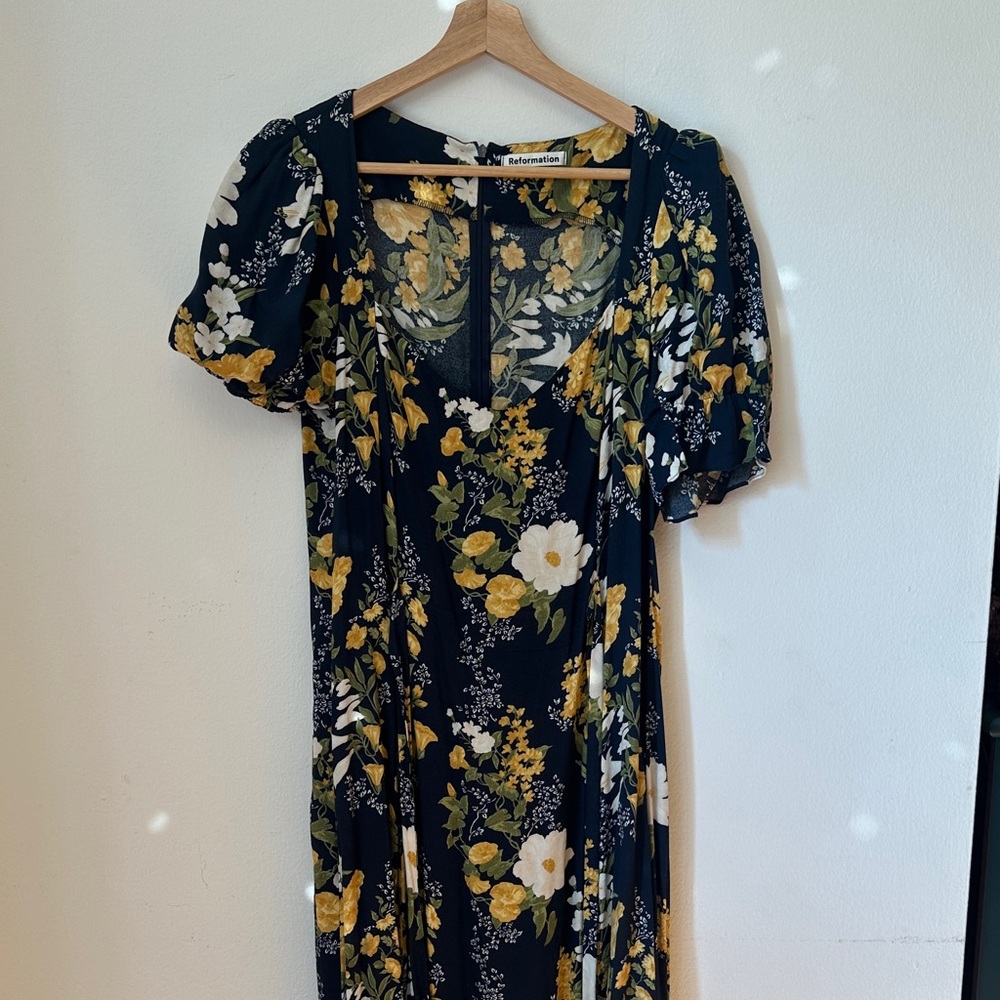 Reformation Navy and Yellow Floral Midi Dress